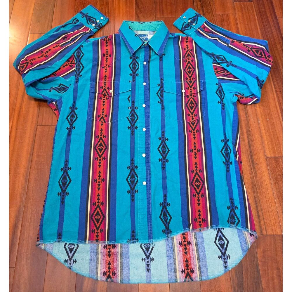 VTG Wrangler Brushpopper Pearl Snap Western Men's L Shirt Tribal Blue